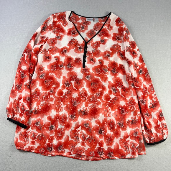 Chicos 100% Silk Floral Blouse Red White Poppy Print V-Neck Size 1 M Long Sleeve - Picture 2 of 4